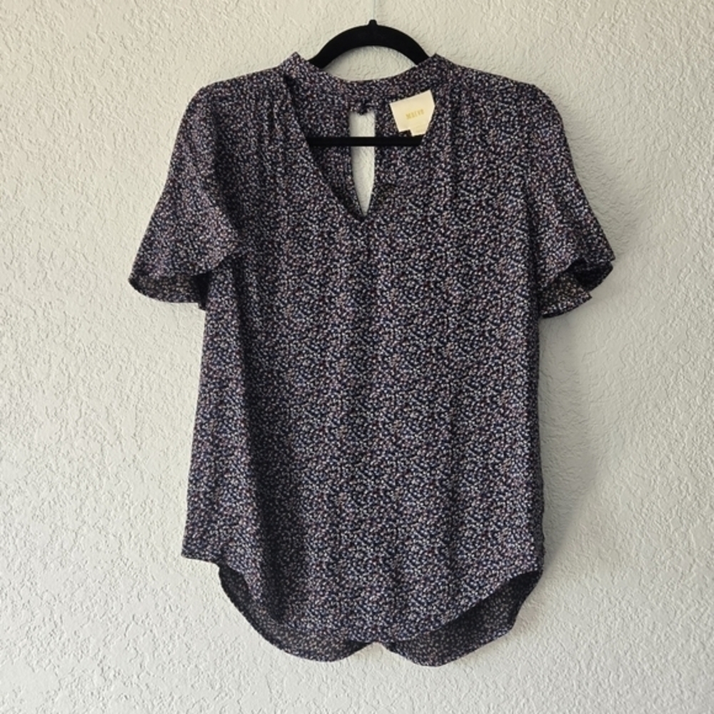 Maeve Anthropologie Floral Flutter‎ Sleeve Keyhole Back Blouse Blue Orange Small